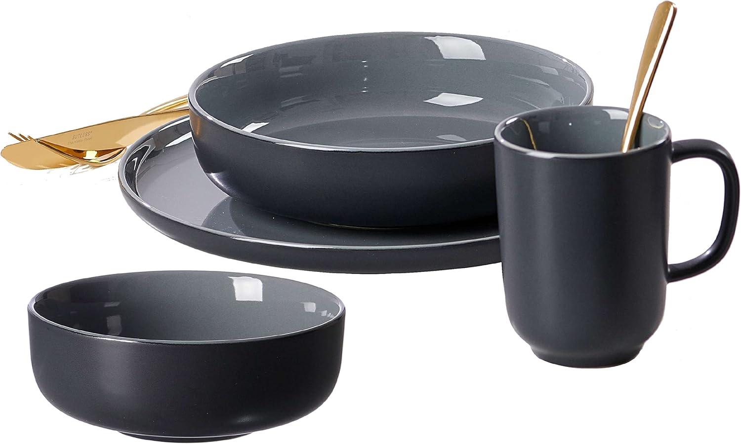 Ritzenhoff & Breker Jasper 16 Piece Black Stoneware Dinner Set Plates Bowls and Cups for 4 People