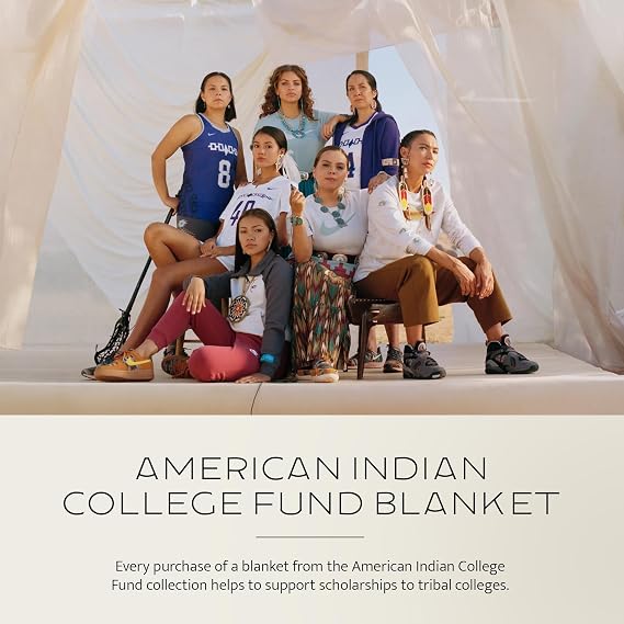 Pendleton American Indian College Fund Blanket - 64 x 80 Wool Cotton Soft, Reversible Blanket, Ultrasuede Binding, Made in USA - Nike N7 Peaks