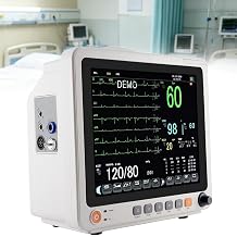 Multiparameter Patient Monitor, Electrocardiograph, ECG Monitor with 12" Touchscreen, 3 Working Modes, USB Data Interface, ECG, Vital Signs, Respiration, Blood Oxygen, Blood Pressure Monitoring