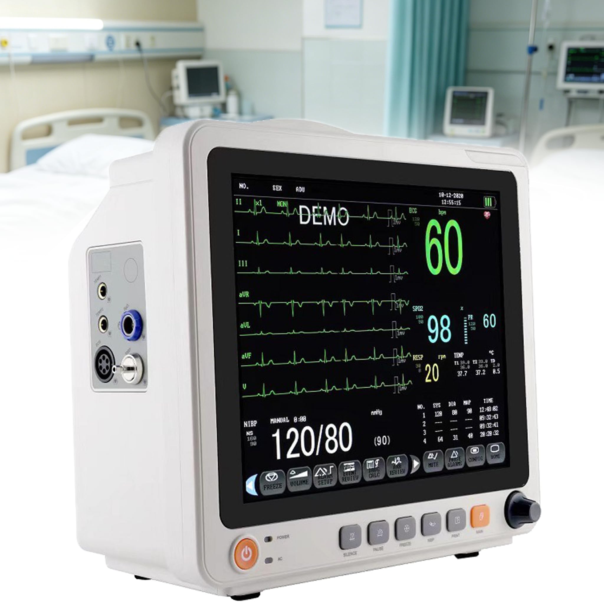 Wieloparametrowy Monitor Pacjenta, Elektrokardiograf, Monitor Ekg Z 12-Calowym Ekranem Dotykowym, 3 Tryby Pracy,Ekg, Parametry życiowe, Oddychanie, Tlen We Krwi, Monitorowanie Ciśnienia Krwi