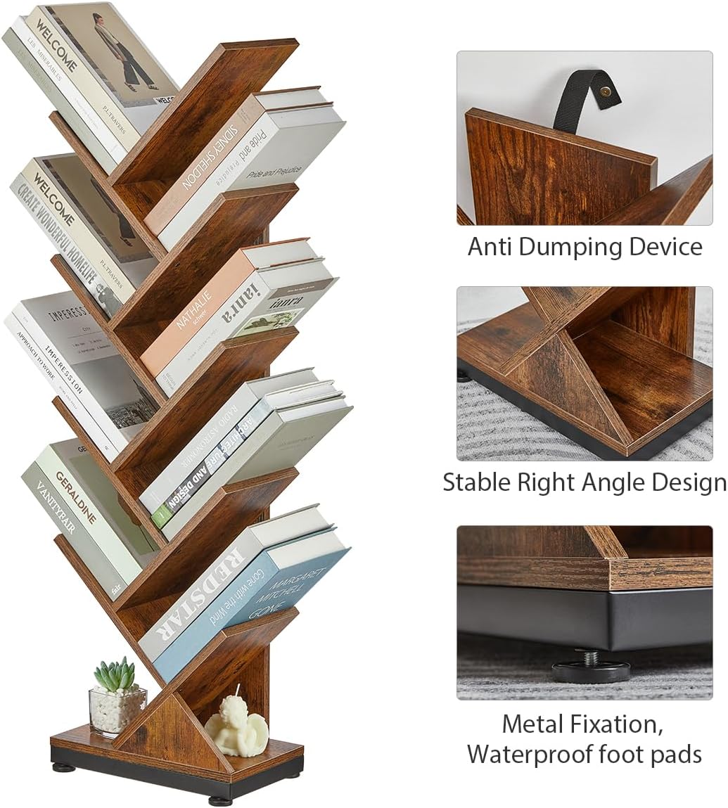 ruboka 9 Tier Tree Bookshelf, 9 Shelf Floor Standing Bookcase Display for CDs/Magazine/Books, Retro Bookshelf for Bedroom, Living Room, Office,Balcony,Book Organizer Storage Shelves