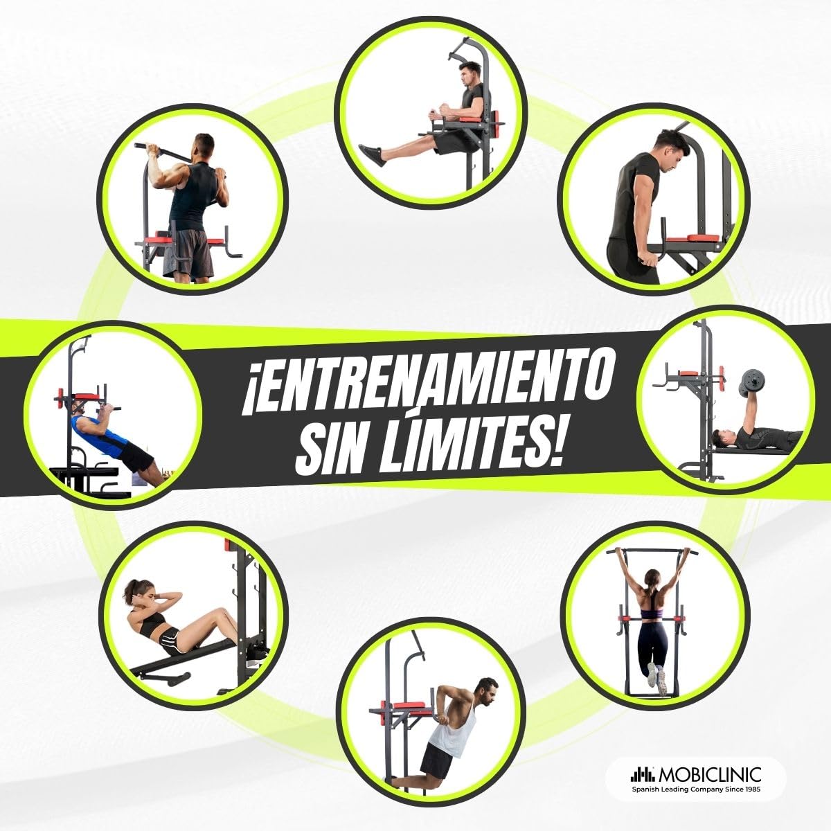 Mobiclinic® Fitness, Estación de musculación, 9 en 1, Plegable, Domifit, Ajustable 7 Alturas, Barra dominadas, Banco reclinable, Soporte para Barras, Multifunción, Antideslizante, Acolchada