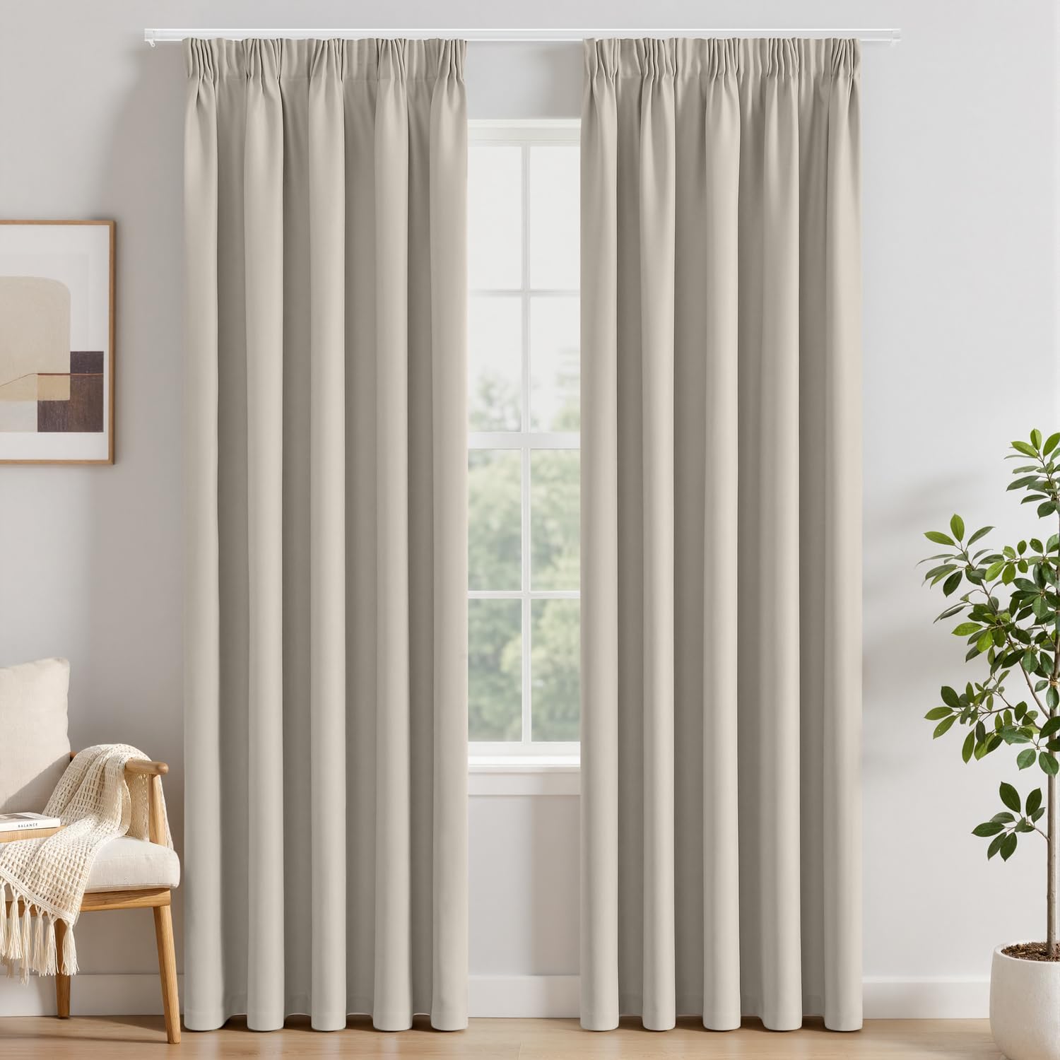 EMEMA Cortinas opacas con cinta fruncidora gris y beige opacas, 260 cm de largo, cortinas térmicas opacas para riel, cortinas para salón o dormitorio, cada uno de alto 260 x ancho 140 cm