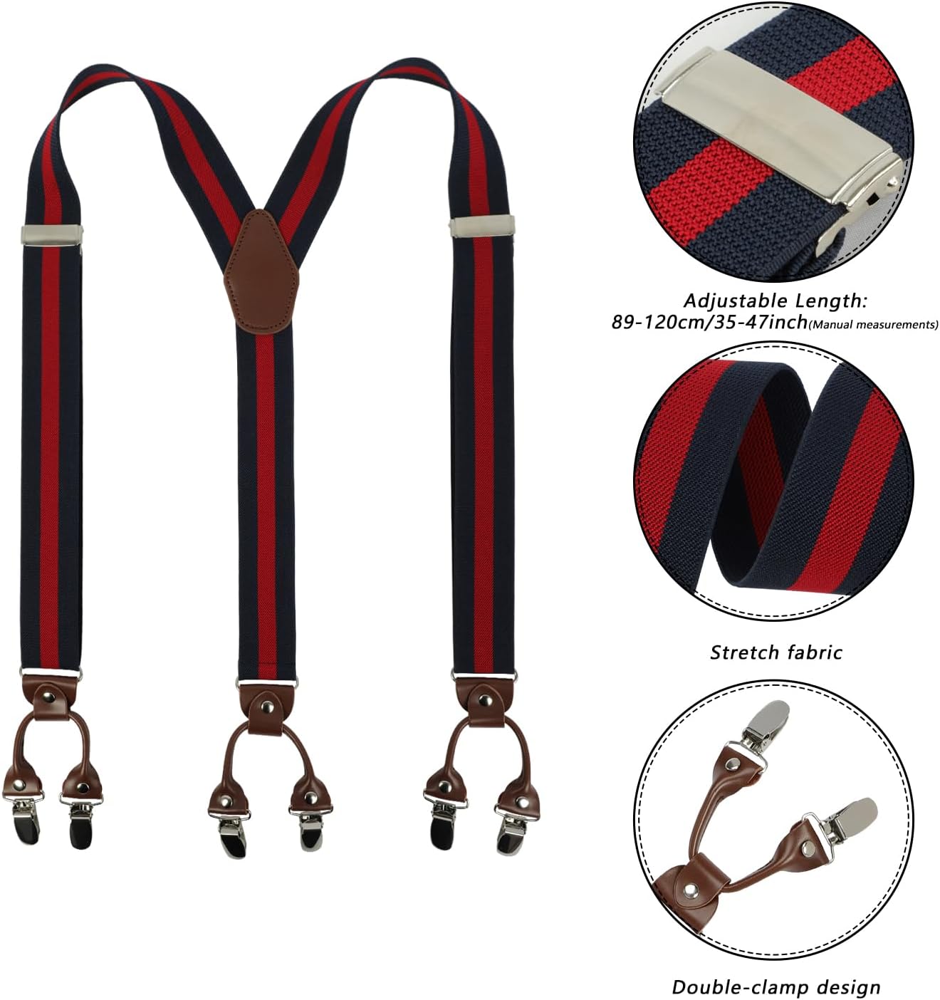 Suspenders for Men with leather 6 Heavy-Duty Clips, 1.4 Inches Wide Men's Suspenders Y-Back Adjustable Elastic Fit