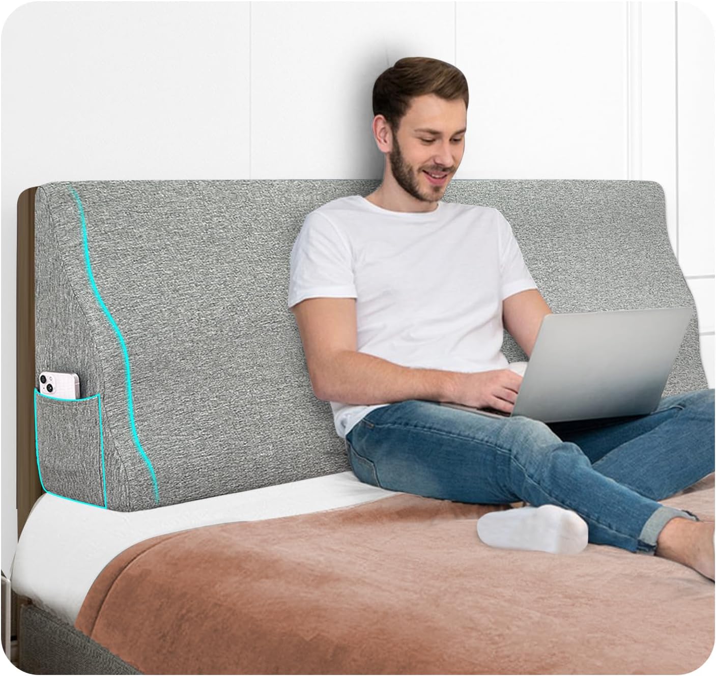 Upholstered Headboard Queen Size Padded Linen Fabric Head Board Can Replace Bolster Triangle Bed Wedge Backrest Reading Pillow Headboard Panels Positioning Support Pillow as One(59x8x20 Inches)