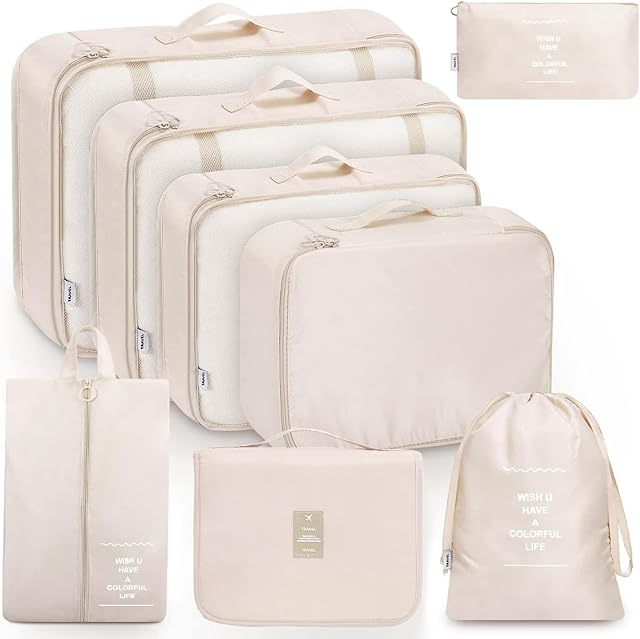 MURISE Packing Cubes for Travel, 8 Pcs Suitcase Organiser Bags for Travel Essentials, Durable Luggage Organiser Set, Packing Organisers, Suitcase Organiser System for Men/Women, Beige