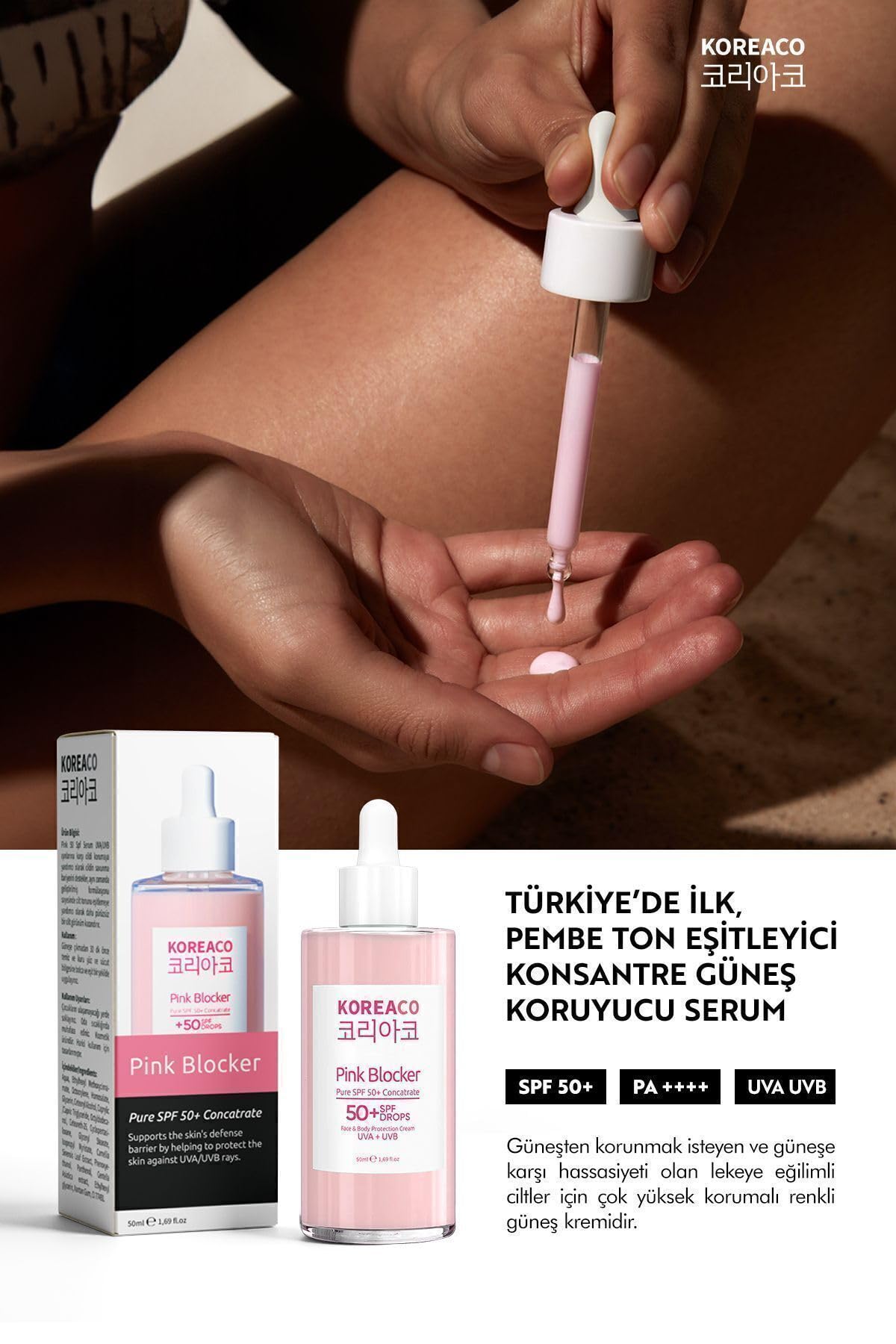 Koreaco Blocker Pink Yüzde Yüz Saf Spf 50+ Ton Eşitleyici Yüksek Uvb ve Uva Korumalı 50ml Güneş Serumu