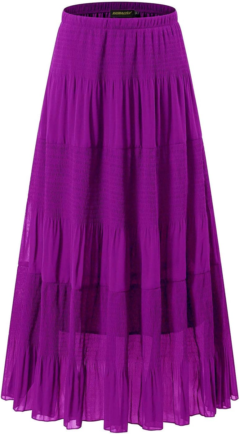 NASHALYLY Women's Chiffon Elastic High Waist Pleated A-Line Flared Maxi Skirts (4XL, Purple)