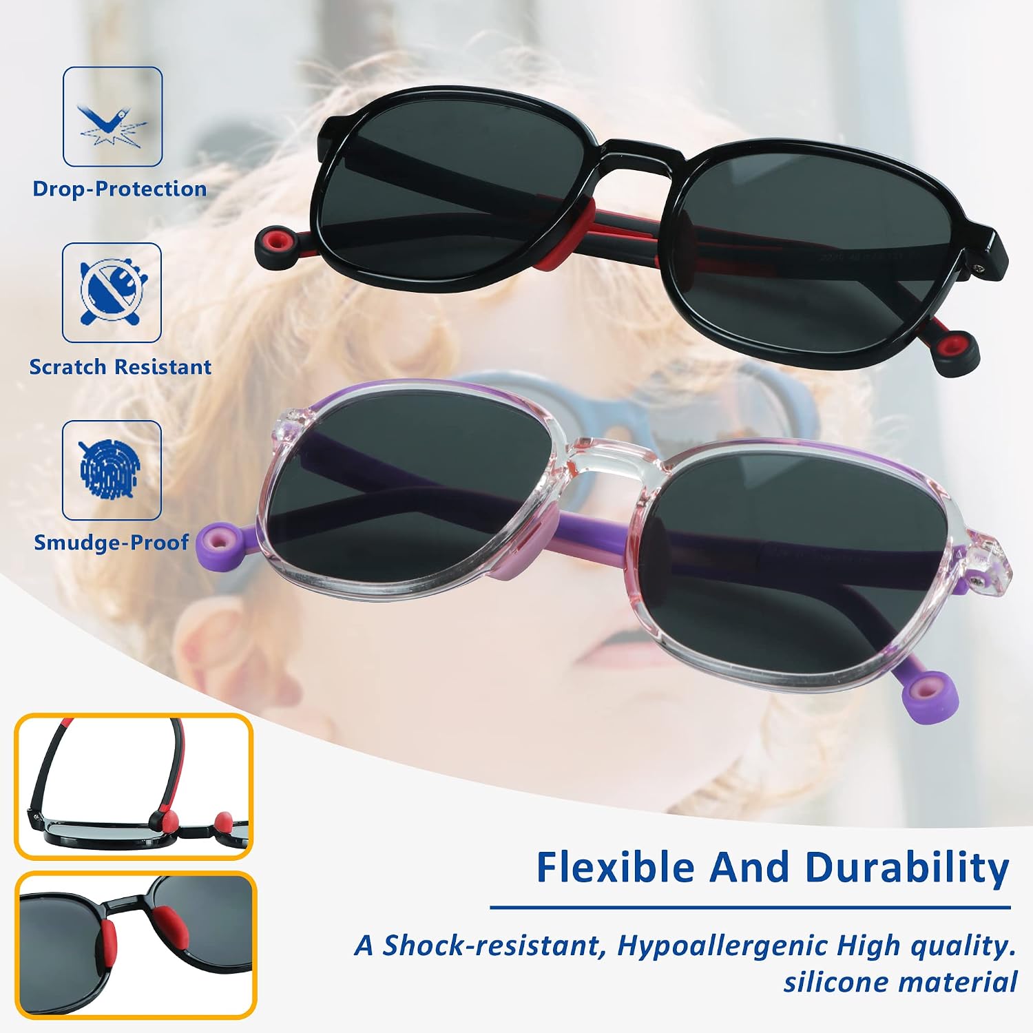 LifeArt 2 Pack Kids Sunglasses UV Protection Flexible Shades with Strap for Boys and Girls Age 3-12