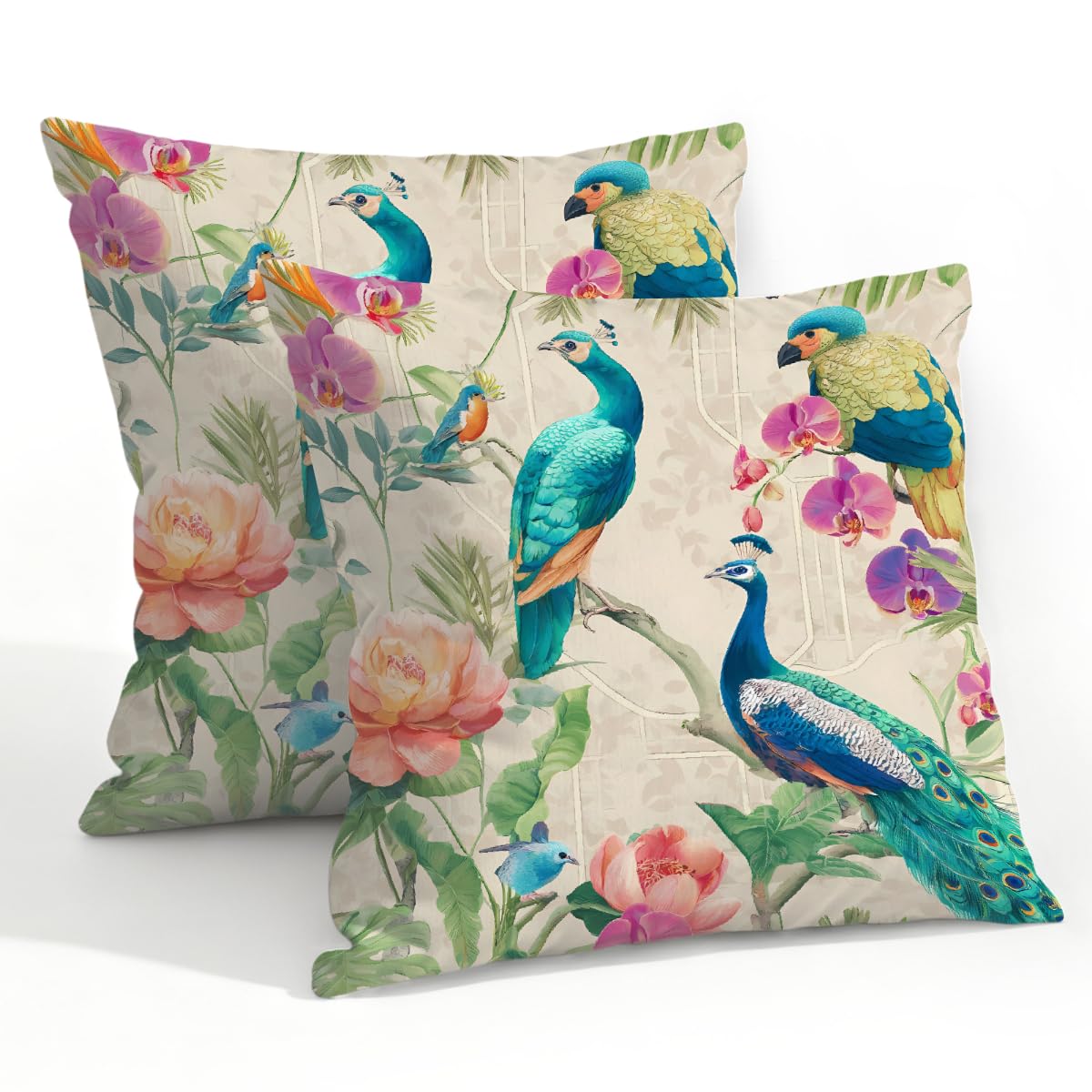 Outdoor Pillow Covers Waterproof Pillowcases 22x22in Set of 2 Asin Oriental Floral Turquoise Peacocks Decorative Throw Cushion Case for Couch Sofa Garden Patio Furniture