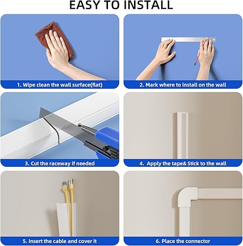 Miniatura 9 de Delamu Funda para ocultar cables, kit de corrector de cable de TV de 142 pulgadas para montaje en pared con gestión de 2 a 3 cables, cubierta de