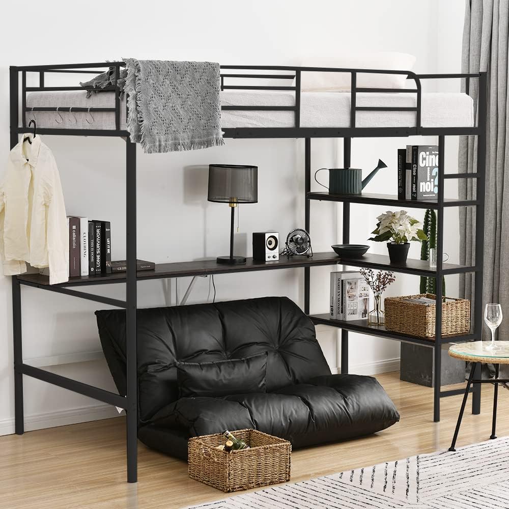 ロフトベッド シングル パイプベッド 収納棚 デスク付き 北欧風