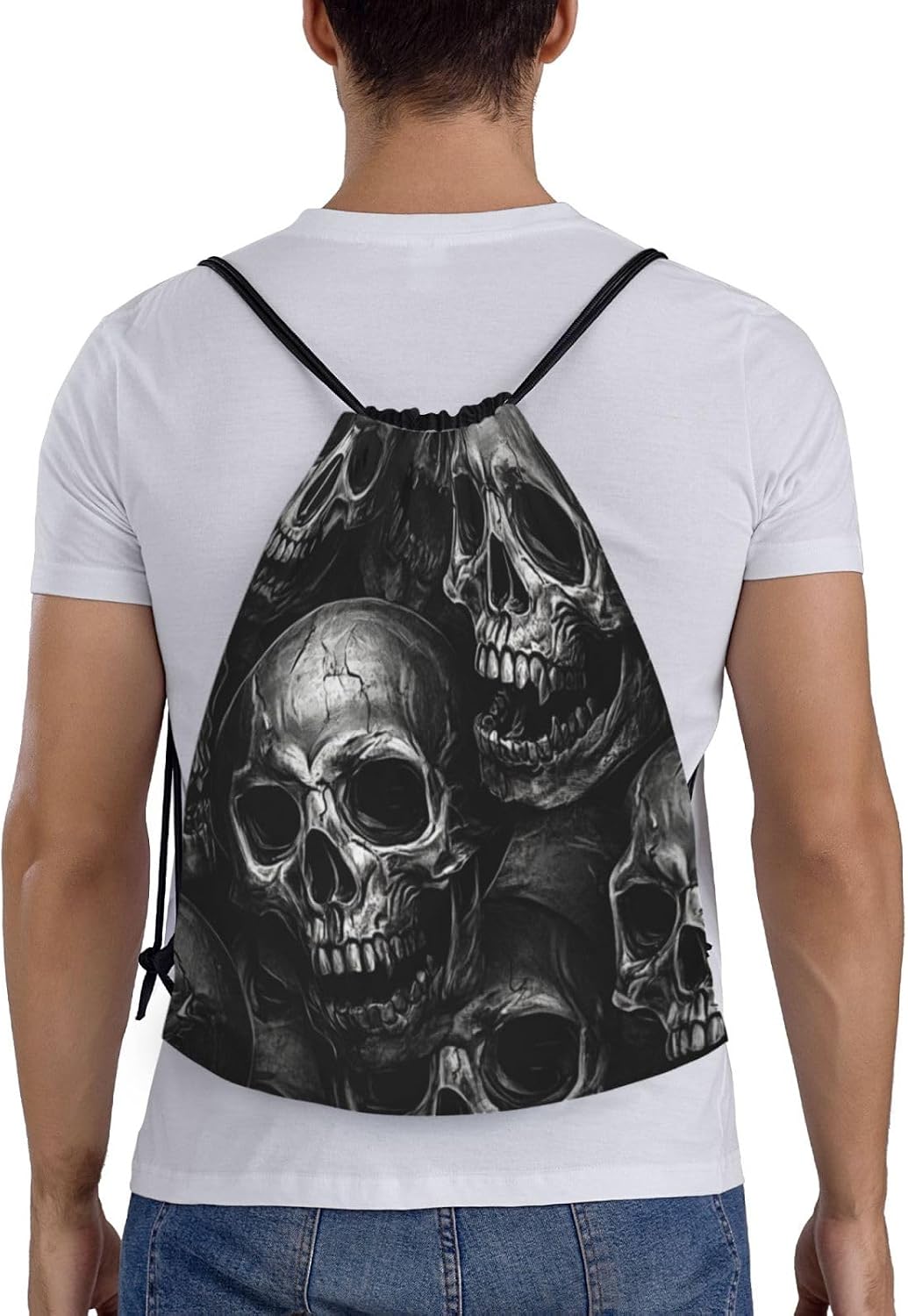 Black Skull Pattern Drawstring Backpack Bag - Sports Gym Sack For Women Men