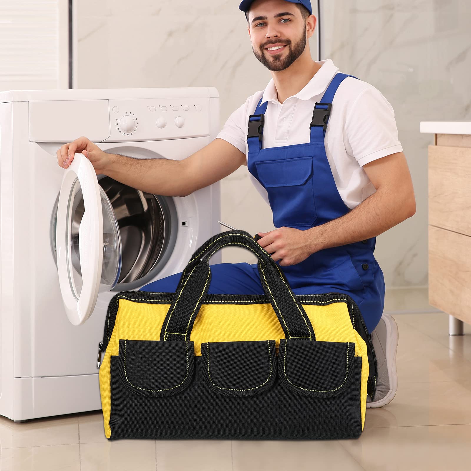 Torba na narzędzia z wodoodpornym twardym dnem, 33 cm torby na narzędzia dla mężczyzn, wytrzymała torba na narzędzia, organizer, szeroki otwór, torba na narzędzia na różne narzędzia, mechanik stolarski (żółta)