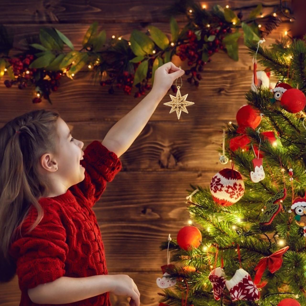 Operitacx 6 Pcs Golden Star Ornaments Christmas Tree Decoration 3D Glitter Gold Star 8 Point Christmas Tree Hanging Pendants for Holiday Wedding Christmas Party Decoration