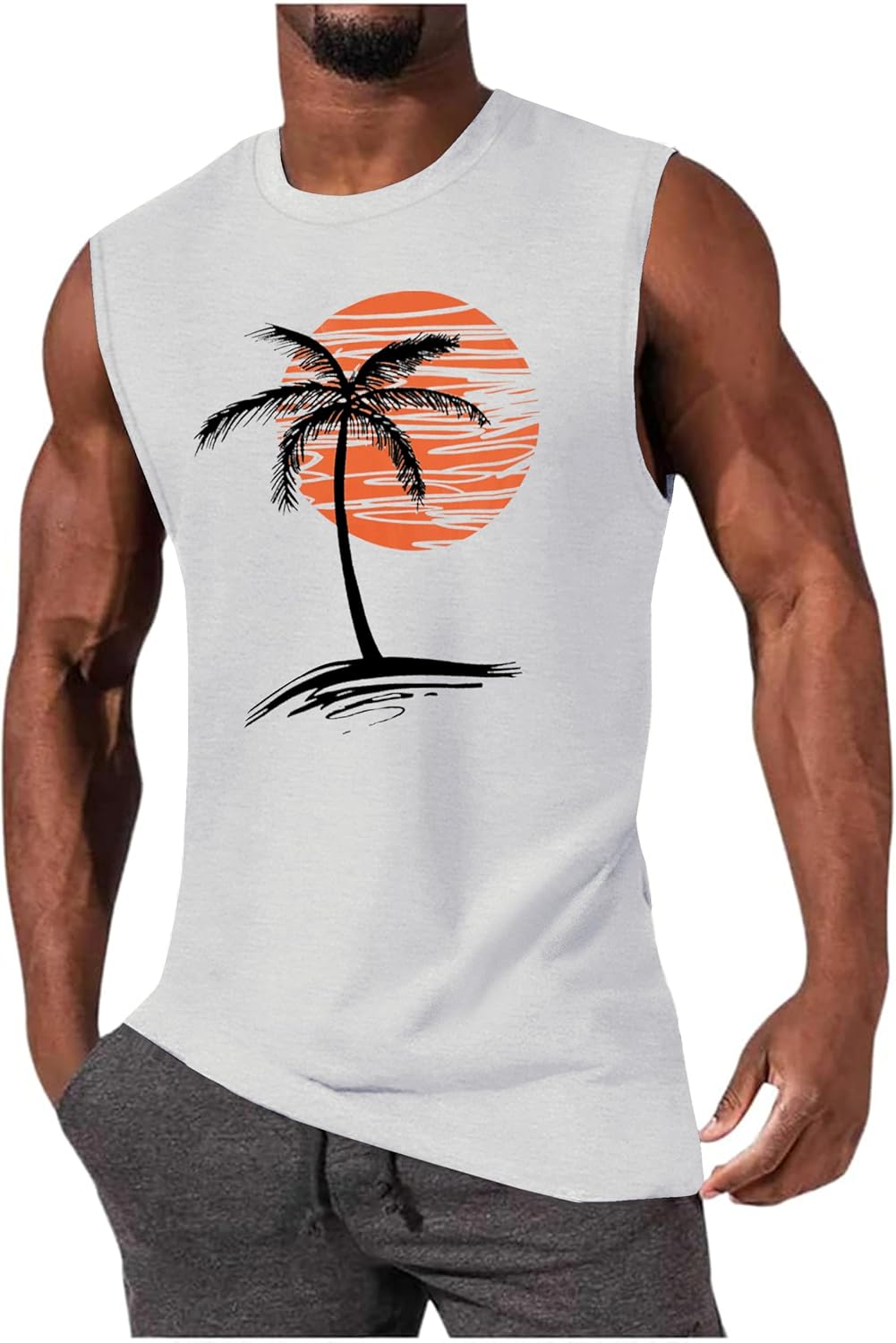 Mens Summer Beach Tank Top Tropical Hawaiian Palm Tree Print Sleeveless Shirts Muscle Tee Vacation Shirts