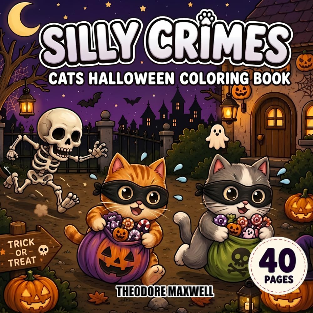 Silly Crimes: Cats Halloween Coloring Book for Adults, Teens: 40 Funny Halloween Crime Scenes, Cute Trick-or-Treat Adventures, Creepy Horror and Relaxing Coloring Pages