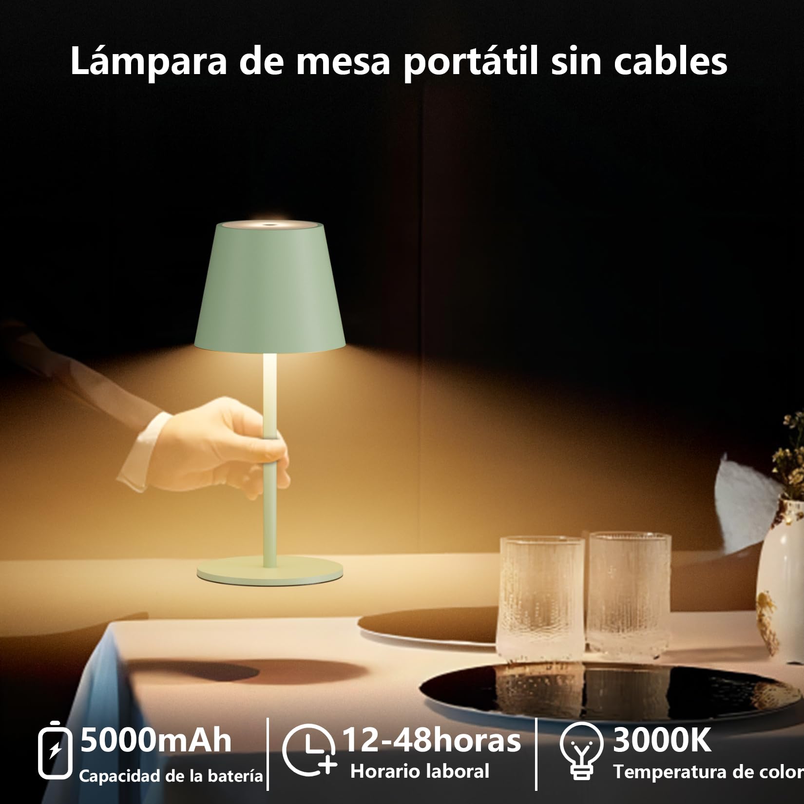 Dimmable 2pcs led recargable lámpara de mesa 26CM, 5000mAh(5V 2A) camping lámpara recargable, 3W 3000K lámpara, IP54 al aire libre para restaurante, dormitorio,Oficina(Verde)