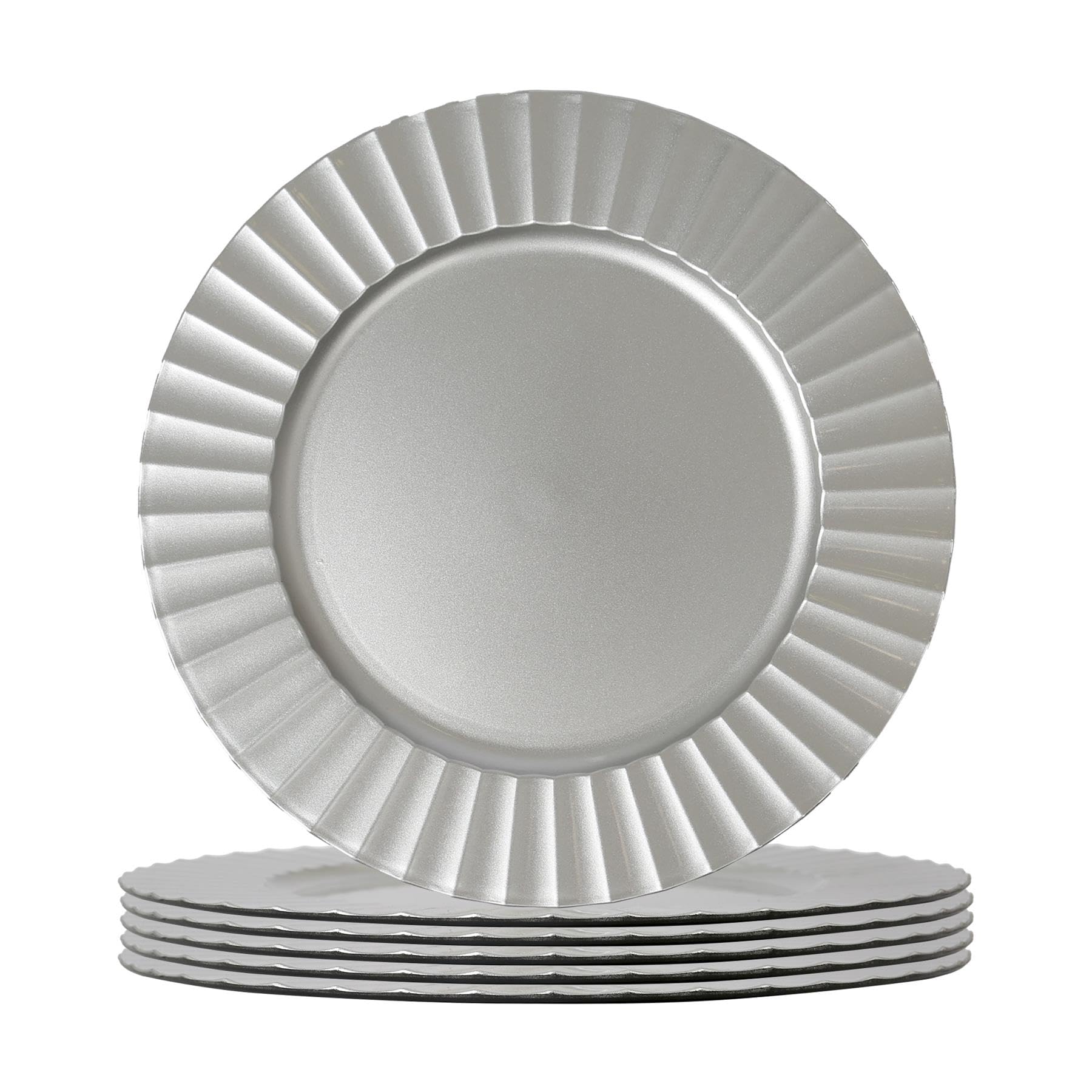 Argon Tableware Silver Charger Plates - 33cm - Dinner Set for 6 - Flute Design - Round Reusable Melamine Christmas Serving Dishes Large Dinnerware Christmas Plates Set for Party Celebrations, Weddings โ image 1