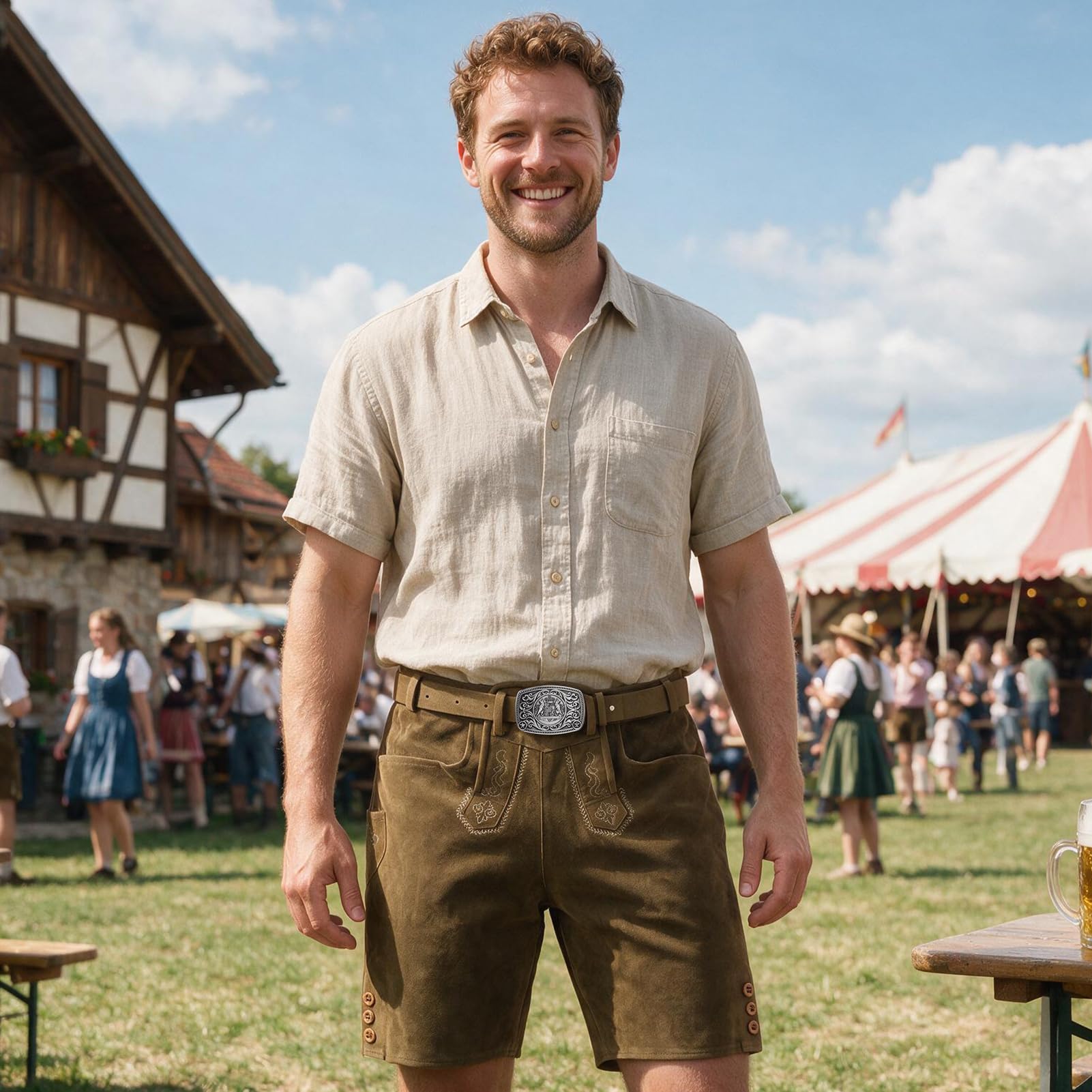 Lederhose Herren Kurz mit Trachtengürtel, Oktoberfest Outfit Trachtenlederhosen für Herren