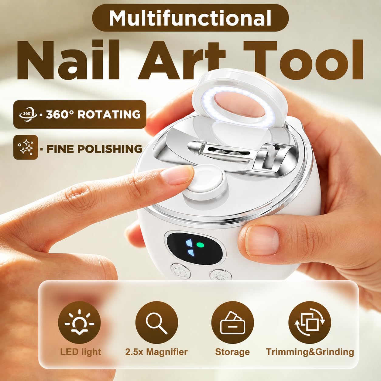 Electric Nail Clippers for Seniors, 2026 Upgraded 3-in-1 Automatic Nail Trimmer with LED Light, Clip Storage & 2.5X Magnifier, 3-Speed Rechargeable Nail Trimmer for Women Men Mom Adult Senior（White）