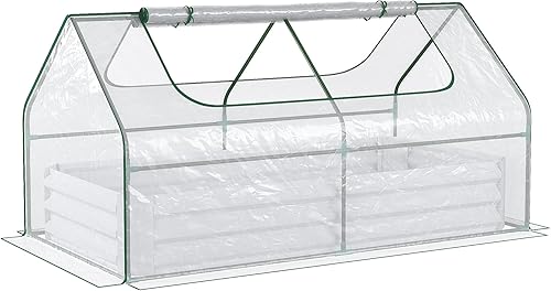 Outsunny Cama de jardín elevada galvanizada con mini cubierta de invernadero, caja de metal para exteriores con 2 ventanas enrollables para cultivar