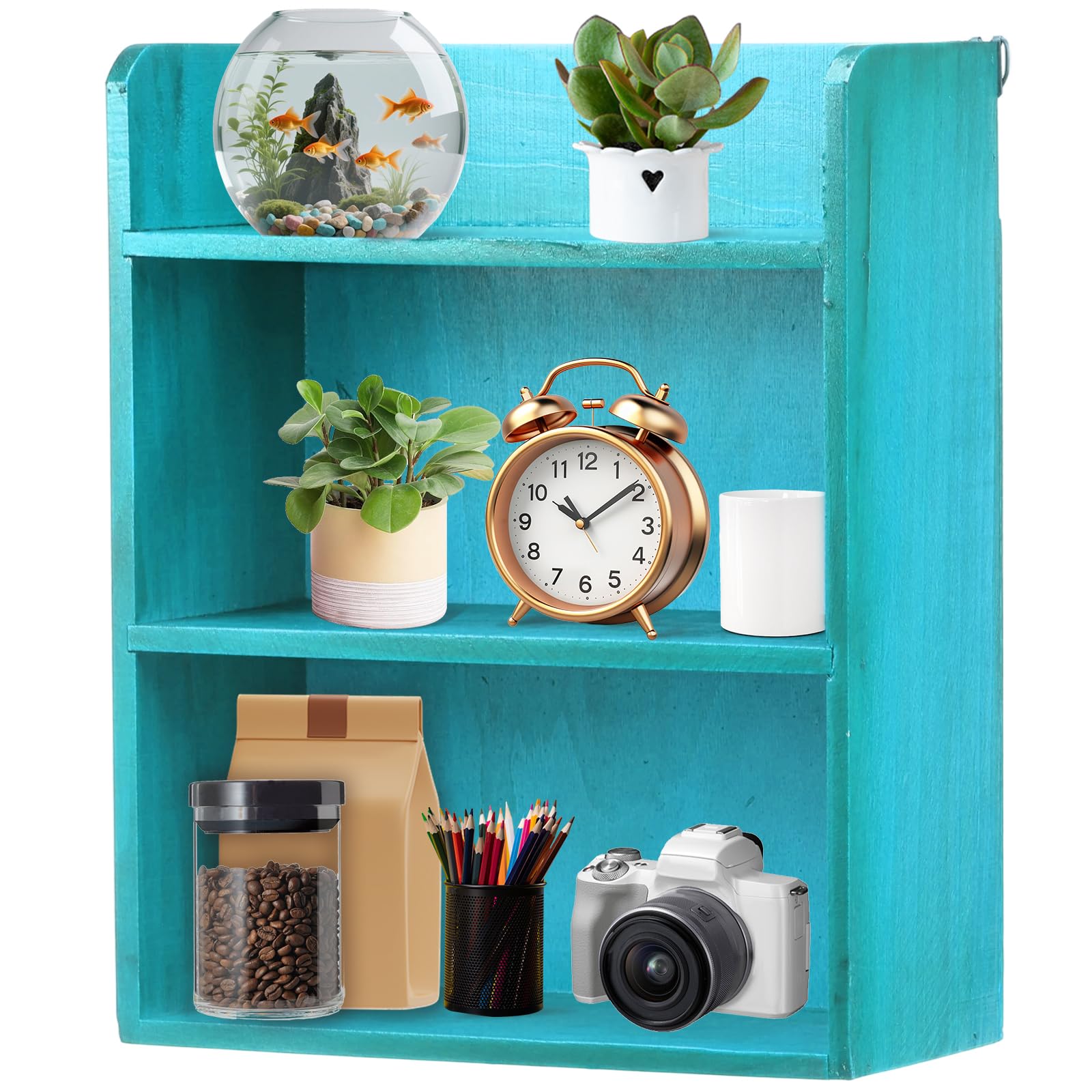 Foppla Blue 3 Tier Wooden Desktop Shelf, Expandable Tabletop Organizer, Wall Mountable Bookshelf Hutch For Office And Living Room, Freestanding Storage Display Rack For Desk Tidy(Blue)
