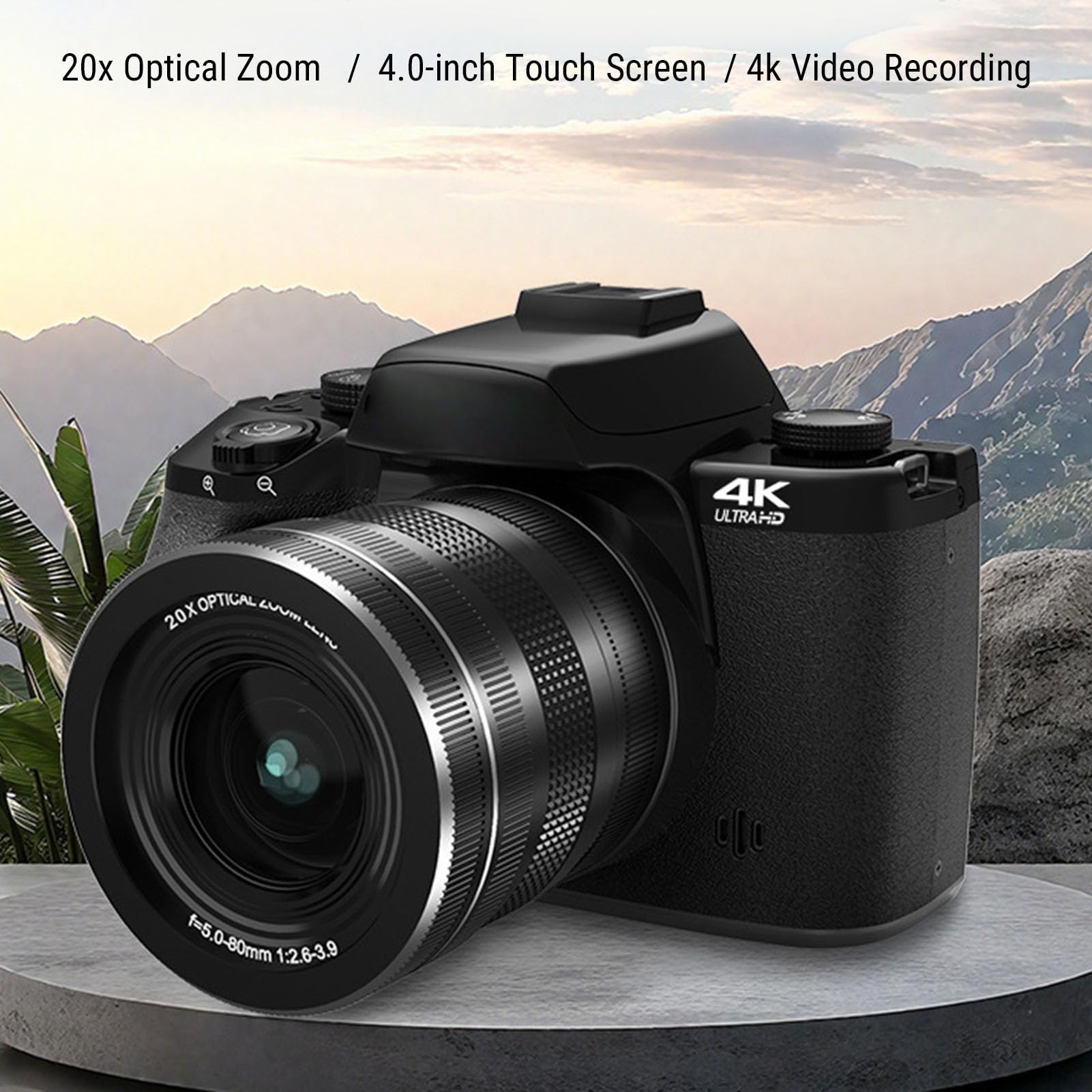 Bezlusterkowa Kamera 4K, Kamera WiFi 75 MP do Vlogów z 20-krotnym Zoomem Optycznym i 4-calowym Ekranem Dotykowym do Nagrywania Filmów Fotograficznych