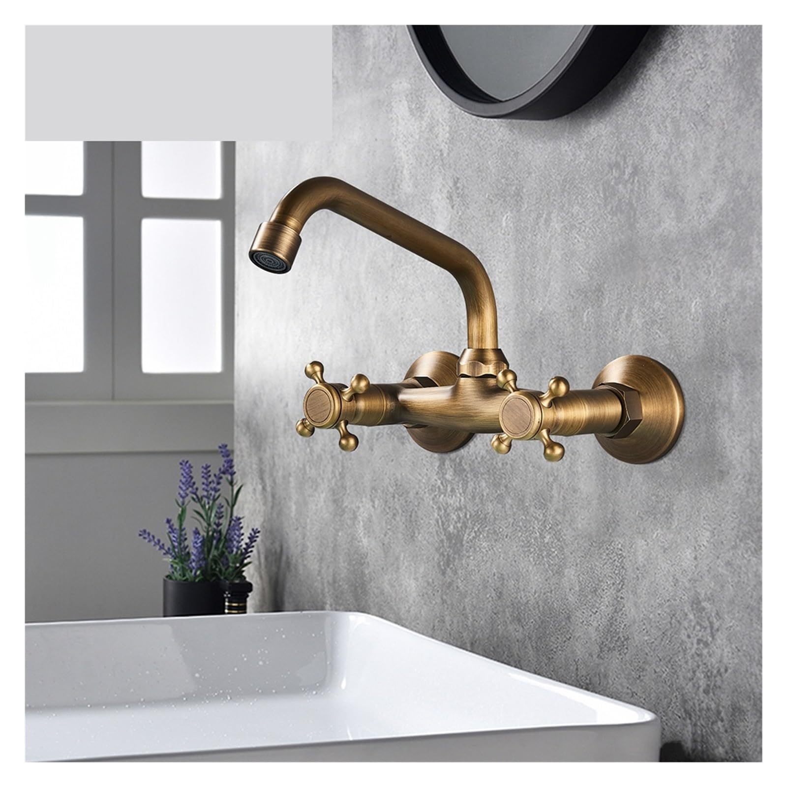 Robinet de Cuisine et Salle de Bains Mural, Robinet mitigeur de Cuisine à Double poignée en Laiton Antique, Robinet d'eau Chaude et Froide pivotant à 360 degrés(Antique Brass)