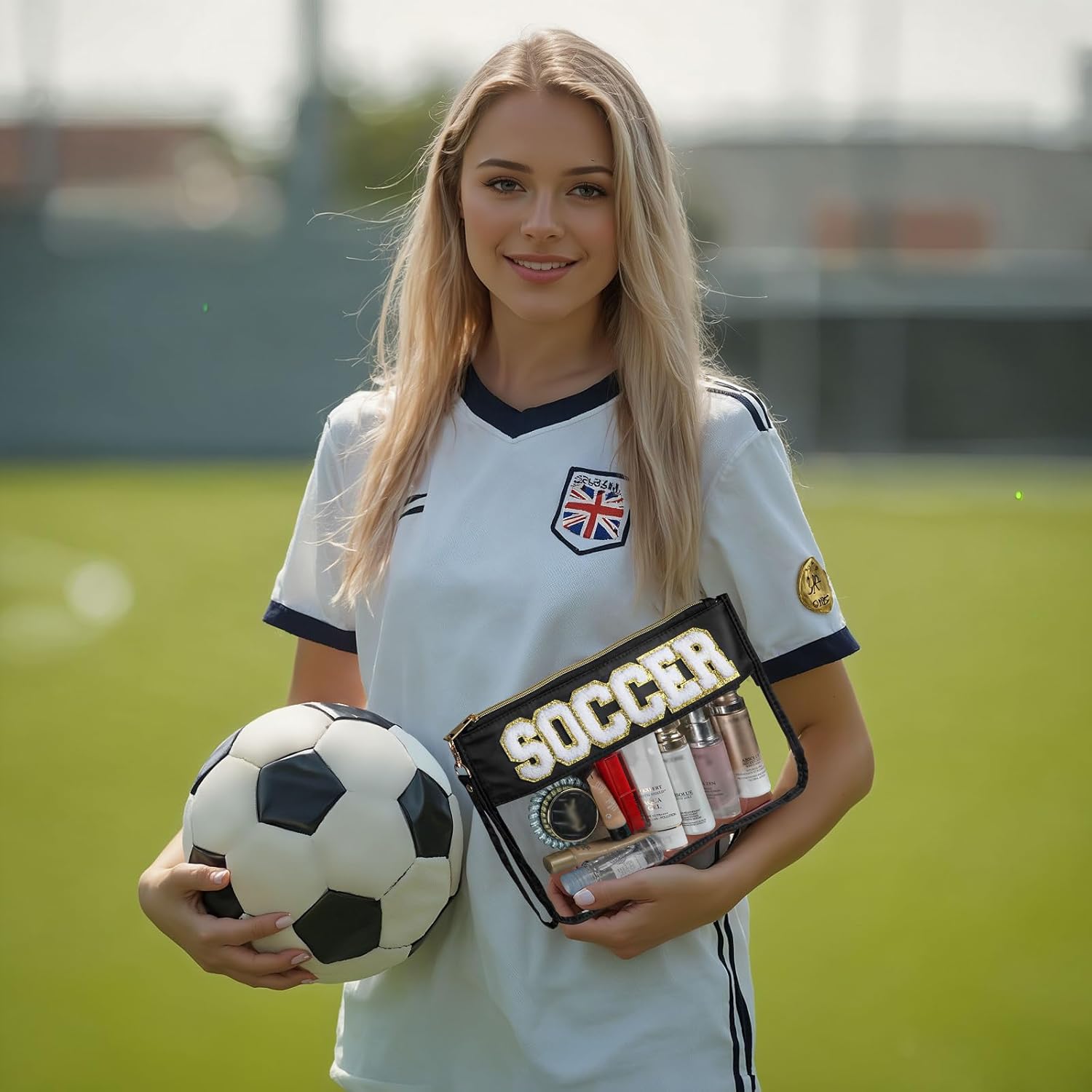 2 Pcs Soccer Gifts Makeup Bag with Chenille Letter Patch, Clear Cosmetic Pouch PVC Organizer Purse, Waterproof Travel Bag, Portable Toiletry Storage Bag for Her Girls Friends Women - Image 6