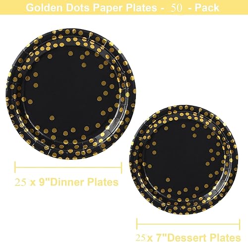 Miniatura 3 de Birthdayparties Platos redondos de papel desechables para todas las ocasiones, platos de papel de puntos dorados, paquete de 50 unidades, 25 x 9 y