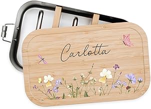 Bärenfreunde - Personalisierte Brotdose für Kinder mit Spezial-Druck - Robuste Edelstahl Brotdose - Personalisierte Geschenke für Kinder & Erwachsene (Blumenwiese,klein Edelstahl)