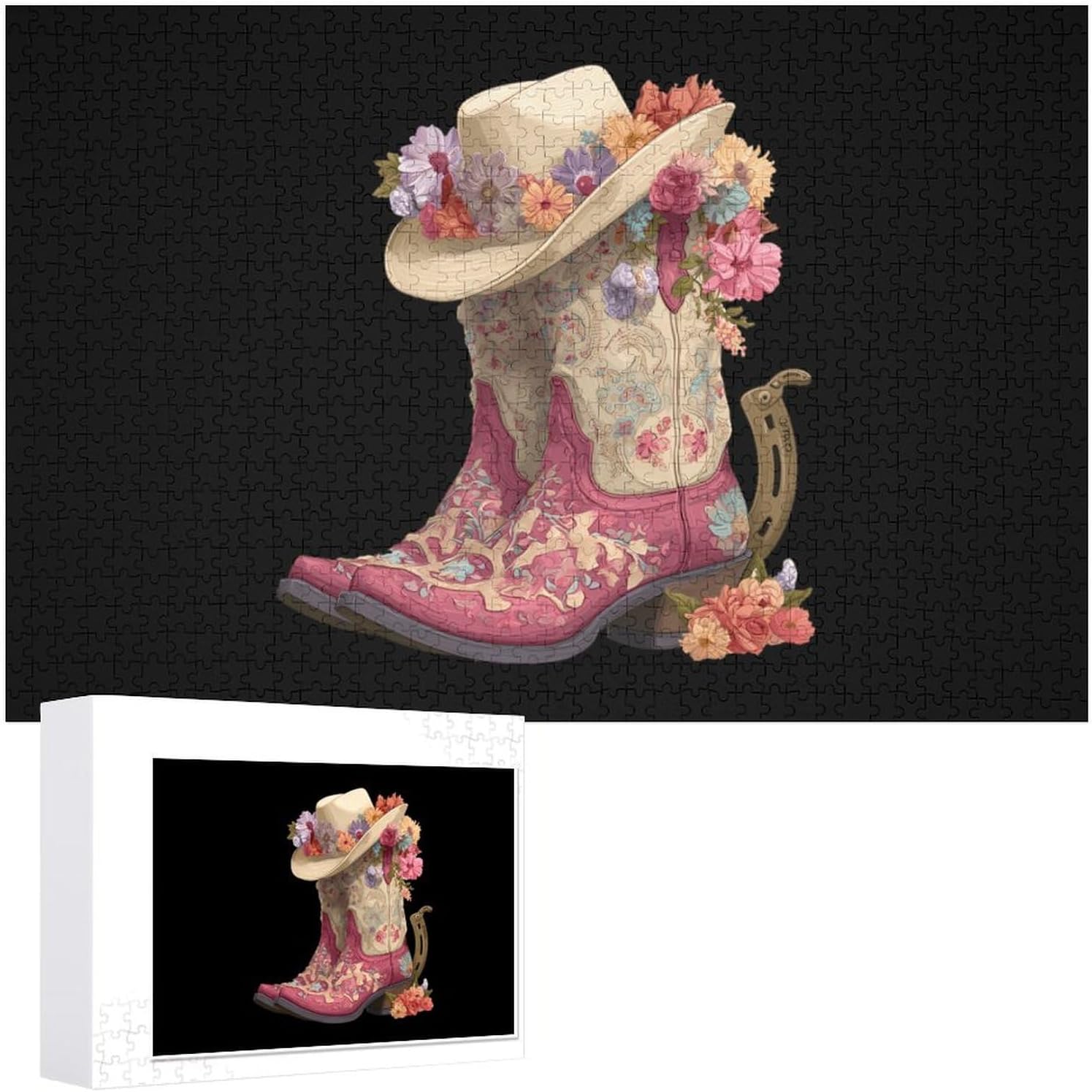 Cute Floral Hats Boots Horseshoe Puzzles for Adults 1000 PCS Wooden Jigsaw Puzzle Wall Decor Christmas