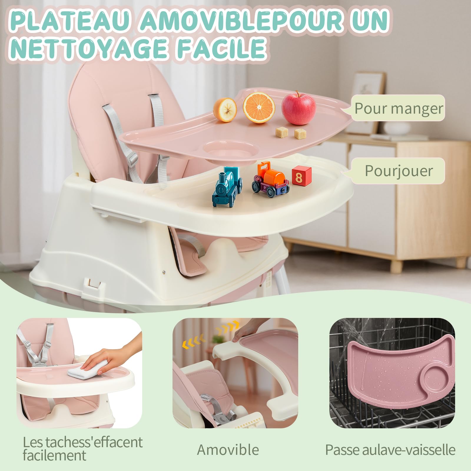 LEADZM Chaise Haute Bébé 4 en 1, Convertible en SUV Yokogawa et Trotteur, Plateau Double Amovible avec Roulettes Pivotantes, Charge Maximale 15 kg, Convient aux Bébés de 6 Mois et Plus (Rose)