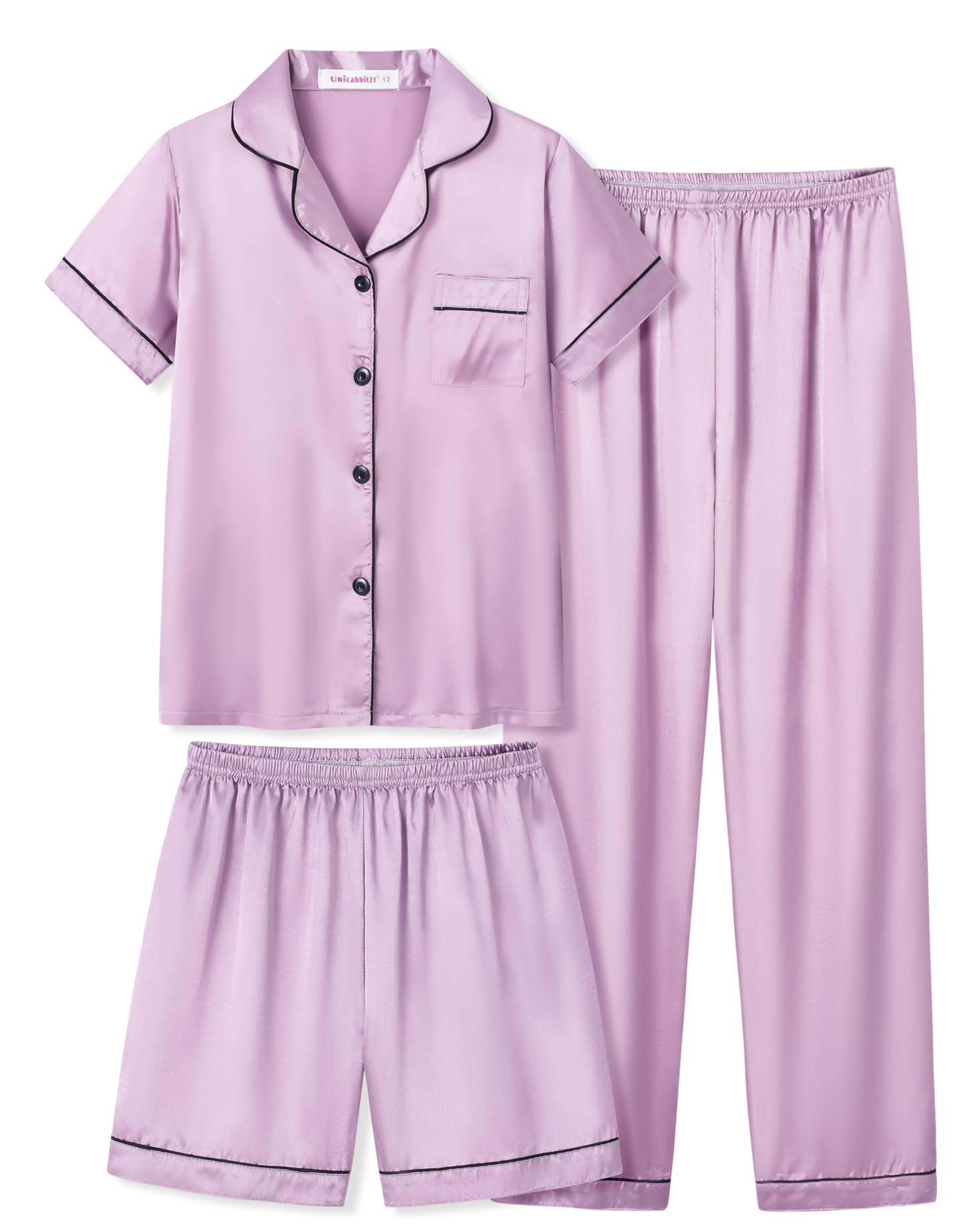 UNICABBIT21 Lilac Satin Summer Pajamas for Big Girls Unisex Kids Silk Button Down Short Sleeve & Shorts PJS 3PCS Size 8-16