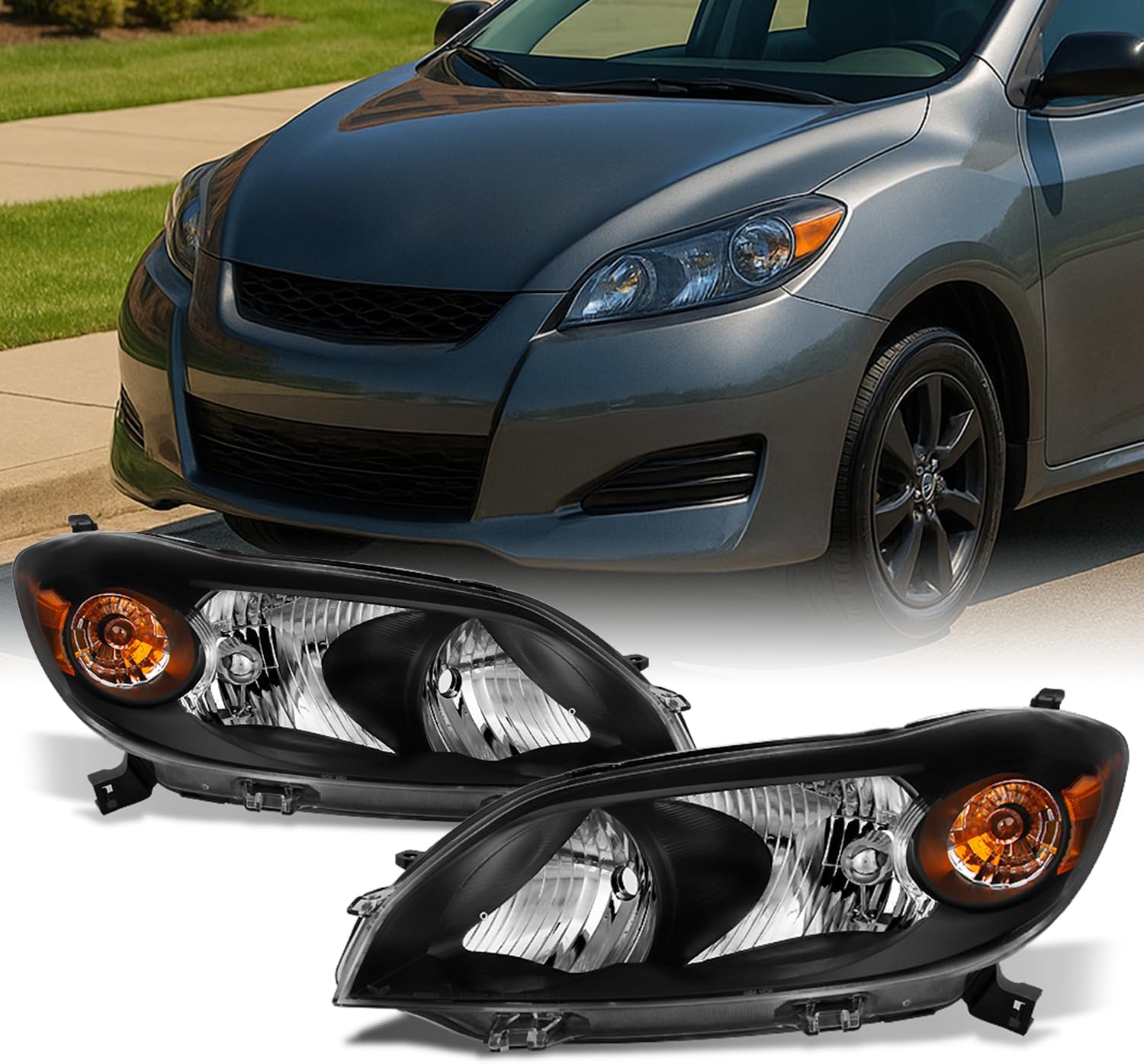 AKKON - For 2009 2010 2011 2012 2013 Toyota Matrix Driver and Passenger Side Black Headlights Pair Set