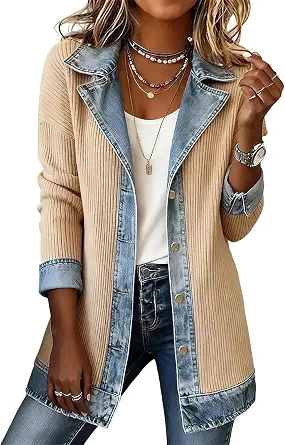 Women's Denim Patchwork Knit Sweater Blazer with Pockets