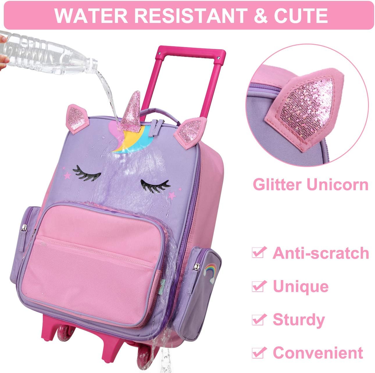 VASCHY Rolling Luggage for Kids, Cute Travel Carry on Suitcase for Girls/Toddlers/Children with Wheels 18inch Unicorn - Image 3