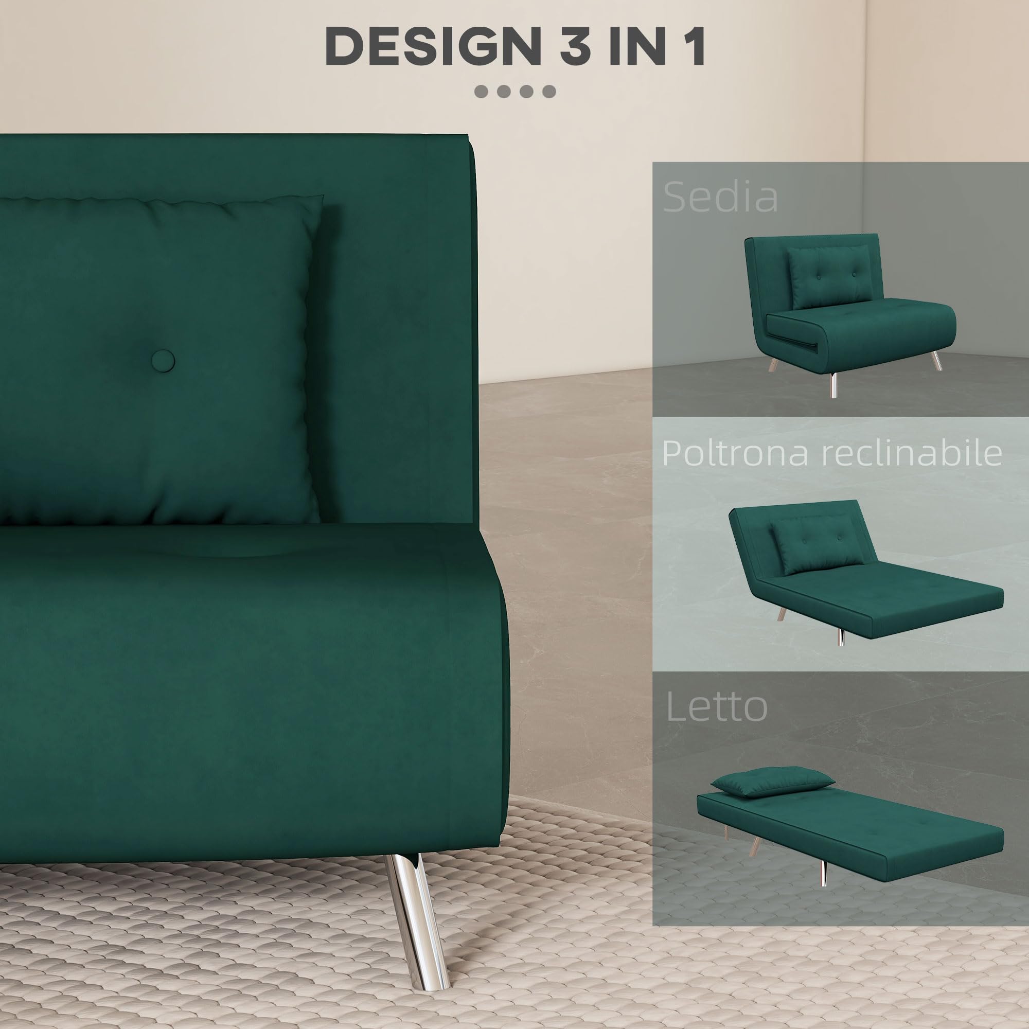 HOMCOM Poltrona Letto Singolo 3 in 1, Poltroncina Reclinabile a 3 Livelli con Rivestimento in Velluto e Cuscino, 100x88x83cm, Verde Scuro