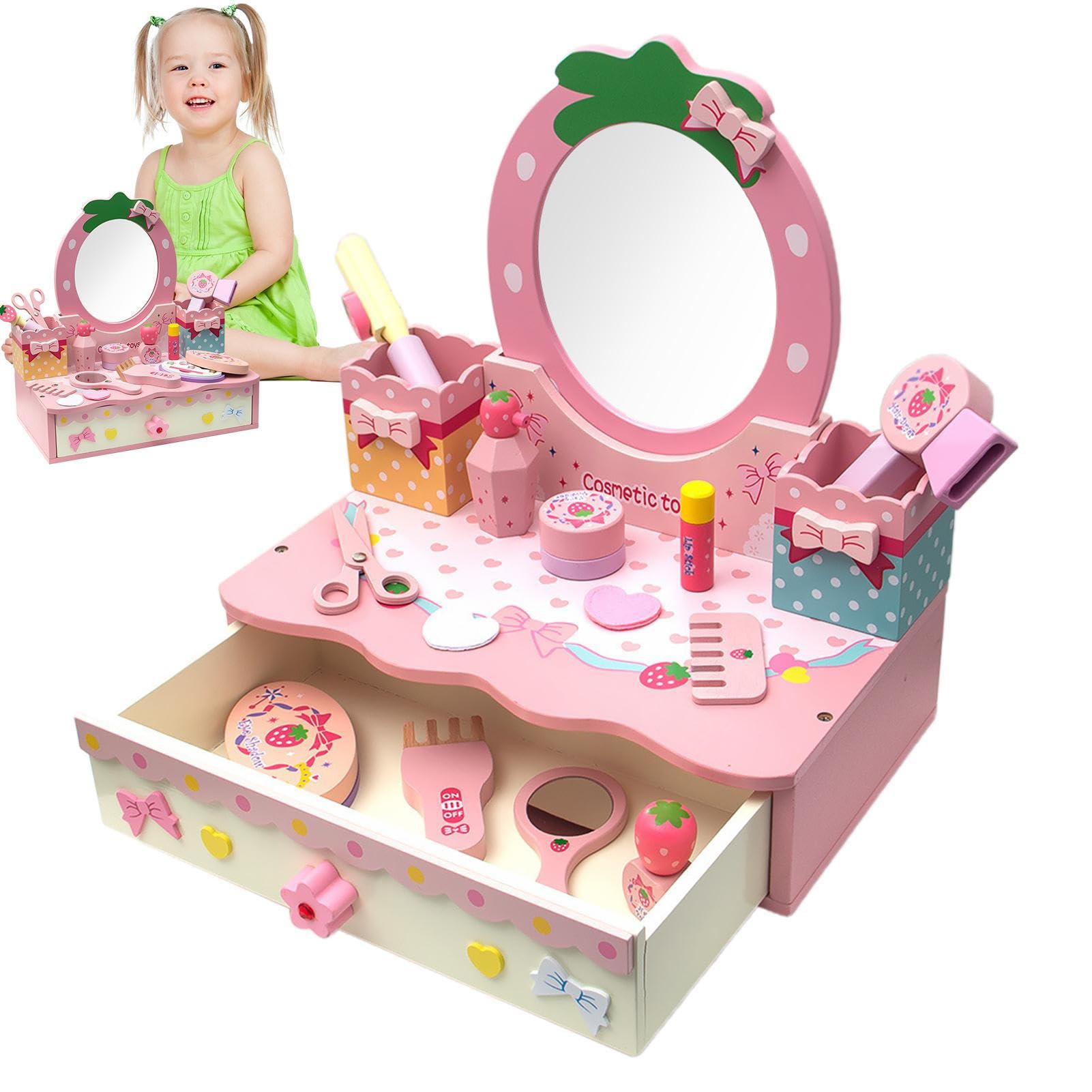 AAKOMA Set di giocattoli per il trucco in legno | Imaginative Kids Makeup Vanity and Girl Vanity Set con specchio - Toeletta per il trucco per bambini, toletta per bambini, giocattoli da parrucchiere