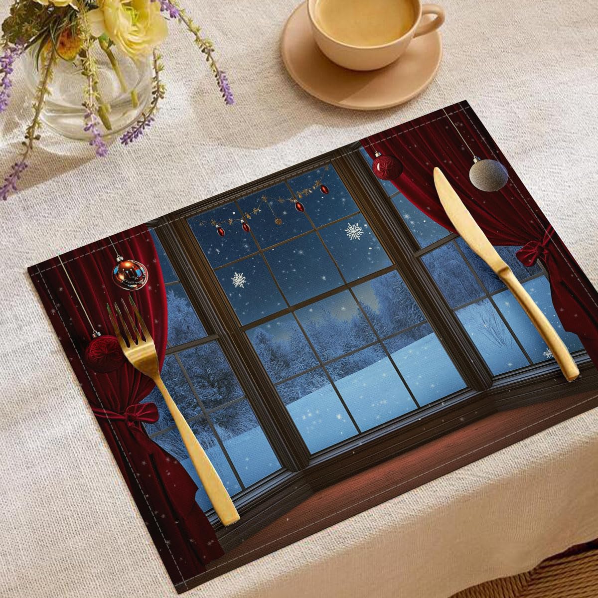 Platzset Weihnachten, 8er Set Tischsets Nachthimmel Schneeszene, 30x45 cm Natur Winter Wald Platzsets Abwaschbar, Blau Leinen Weihnachts Tischset Für Party und Tisch Weihnachtsdeko