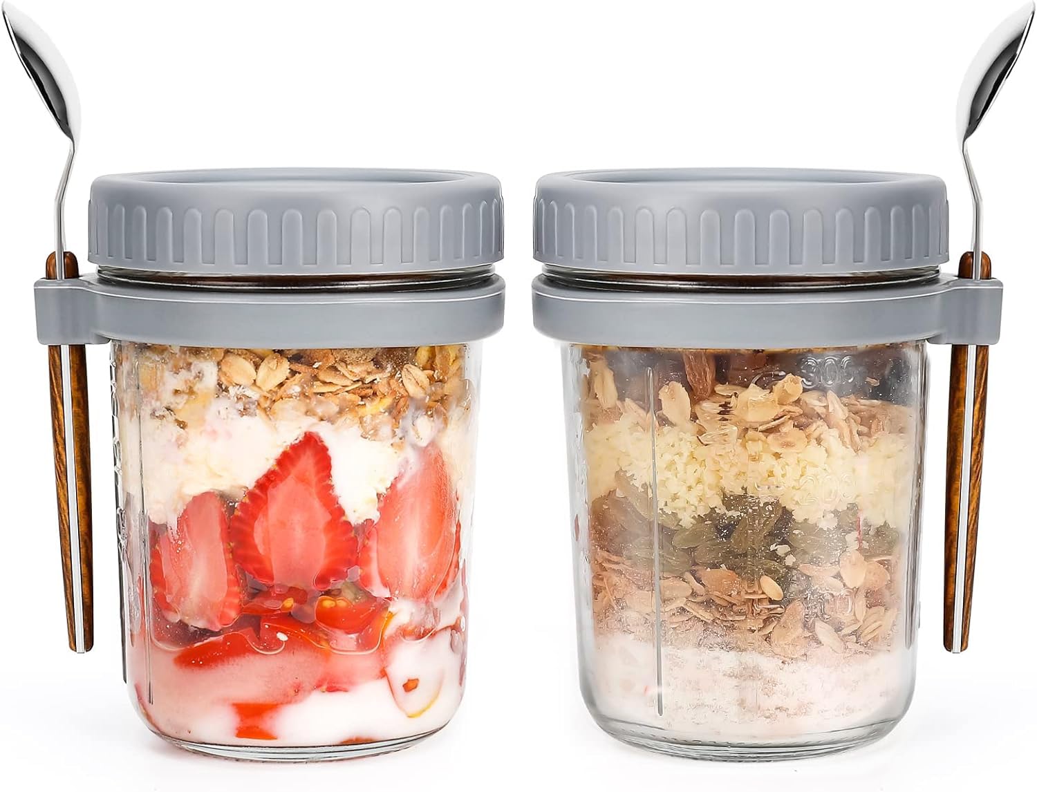 Gilen Overnight Oats Jars with Lids and Spoon, Overnight Oats Container, 10 Oz Glass Porridge Container to Go for Chia, Pudding, Milk, Cereal, Fruit, Yogurt, Salad, Cereal Meal Prep Jars (Gray+gray) — image 1