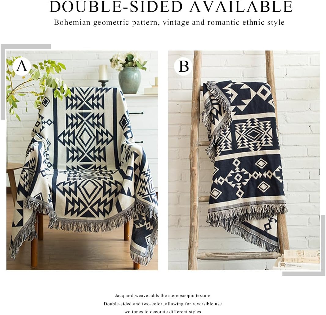 LumiSyne Cotton Woven Throw Blanket With Tassel Double-Sided Jacquard Bohemian Geometric Pattern Vintage Ethnic Style Decorative Throws For Sofa Bed Armchair Camping Blanket Tapestry Tablecloth Carpet image 4