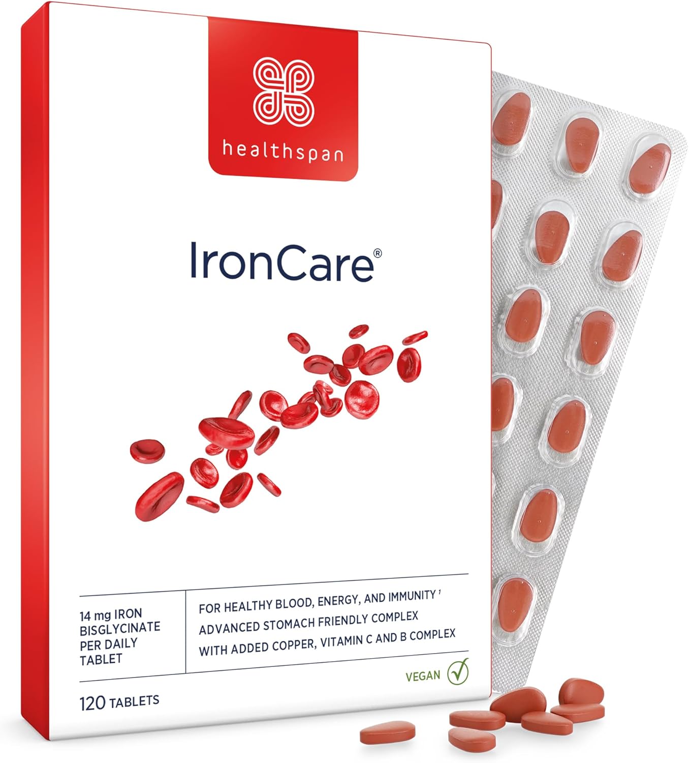 Healthspan IronCare (120 Tablets) | Added Vitamin C & B2, B6 & B12 | Stomach Friendly | Combats Tiredness & Fatigue | Supports Red Blood Cell Formation | Easy-Swallow | Vegan