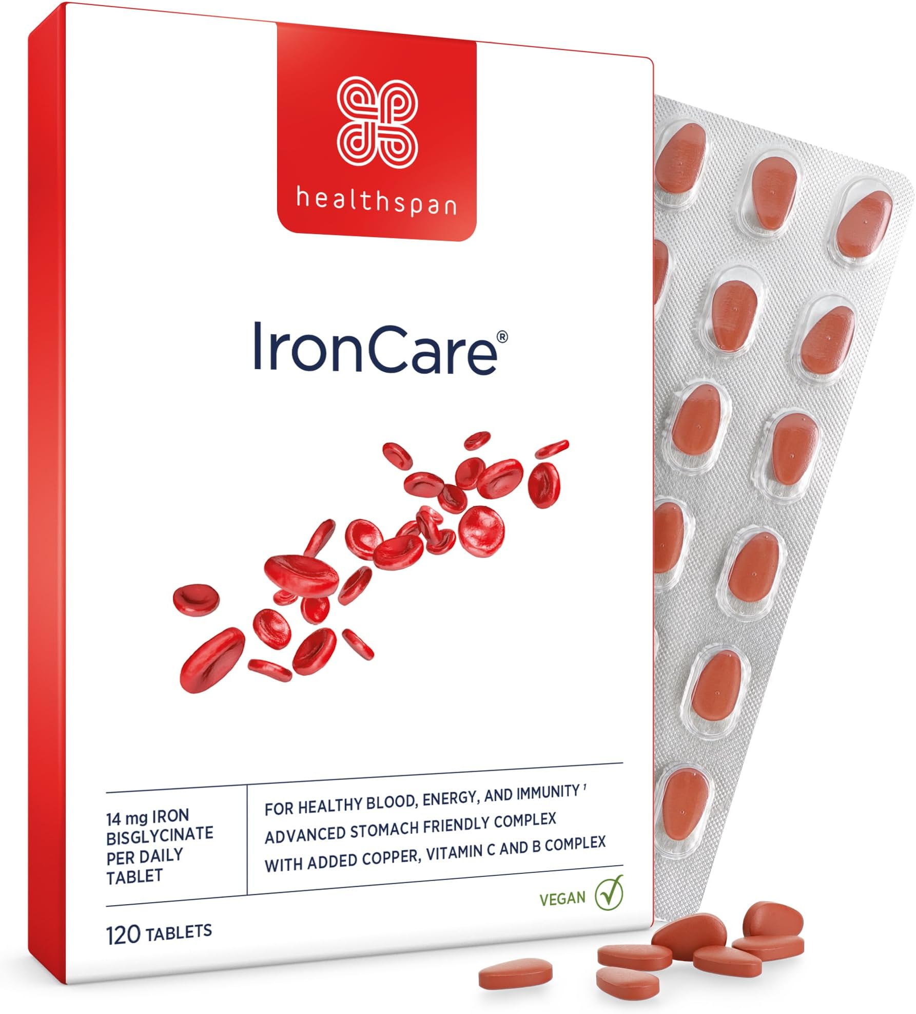 IronCare (120 Tablets) | for Healthy Blood, Energy & Immunity | 14mg Iron | Stomach Friendly Complex | Added B Vitamins | Easy-Swallow | Vegan