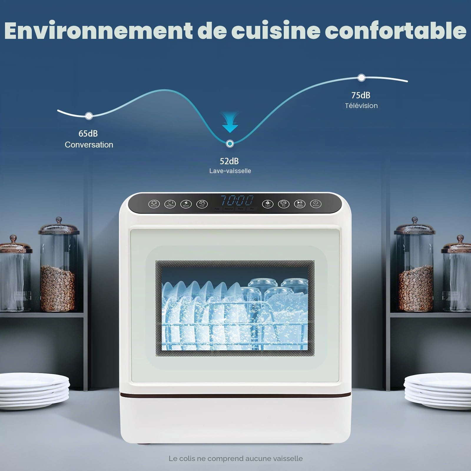 Mini lave-vaisselle, lave-vaisselle de table 4-6 personnes, lave-vaisselle de table énergétiquement efficace avec 4 programmes, séchage par air chaud et antibactérien 72h, Blanc
