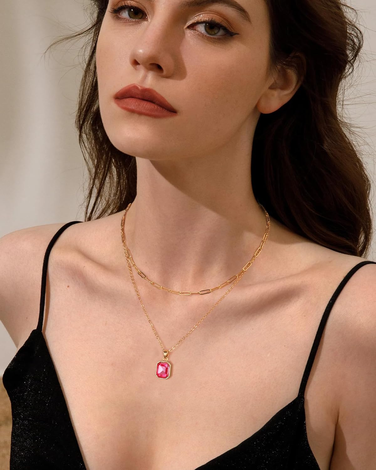 Gold Layered Necklaces for Women, 18k Gold Plated Crystal Necklace Paperclip Choker Emerald Green Jewelry for Women Gifts - Image 5