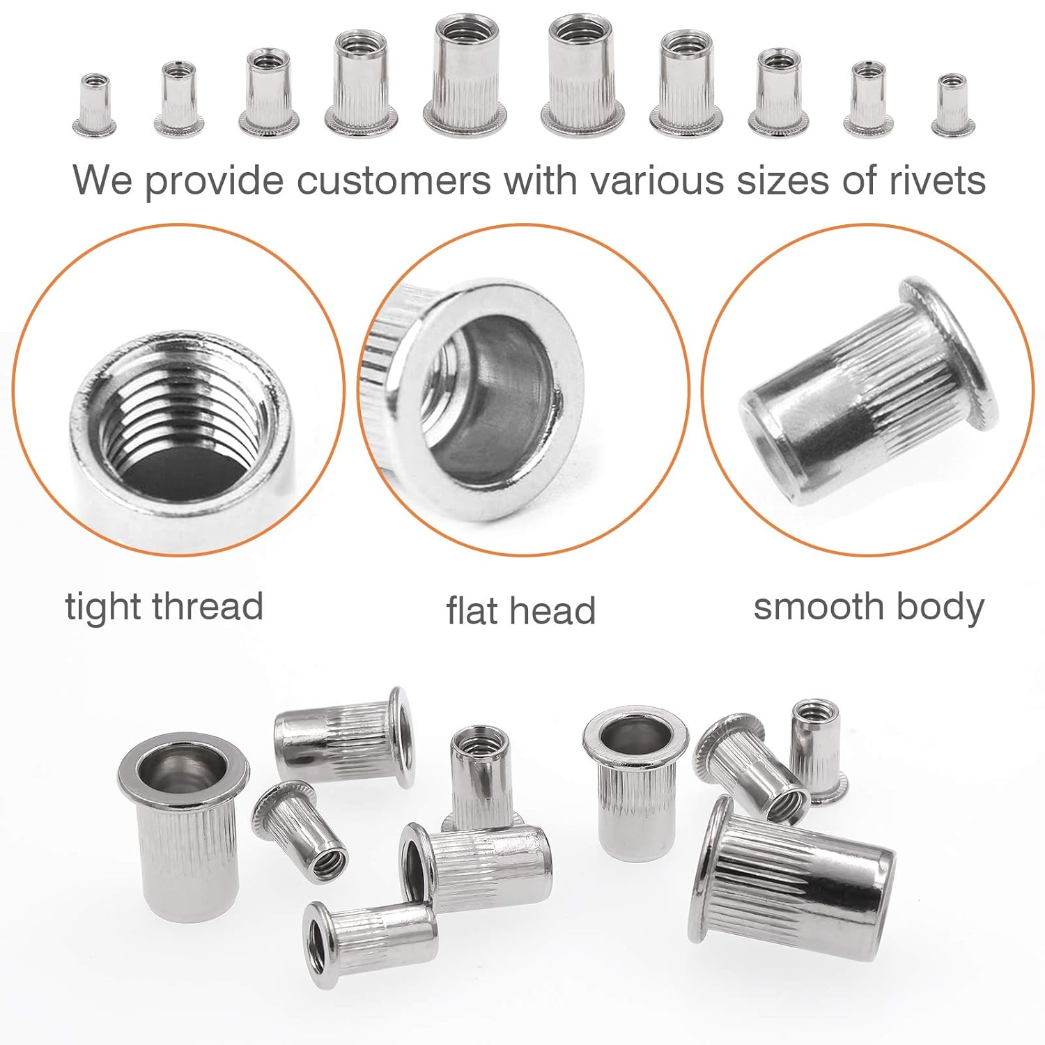CO-RODE 304 Stainless Steel Rivet Nuts, Threaded Insert Nutsert, 180pcs, 5 Size, 8-32, 10-32, 1/4"-20, 5/16"-18, 3/8"-16