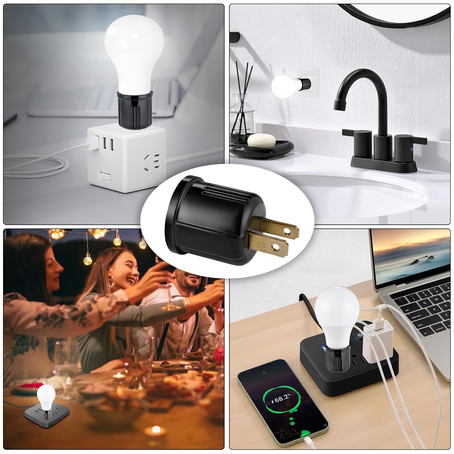 Outlet to Socket Adapter,Plug-in Light Socket,Convert Outlet to Light Bulb Socket,Polarized 2-Prong Outlet to E26 E27 Screw Base Bulb Socket, 660 Watt, 125 Volt, UL Listed (4, Black Color)