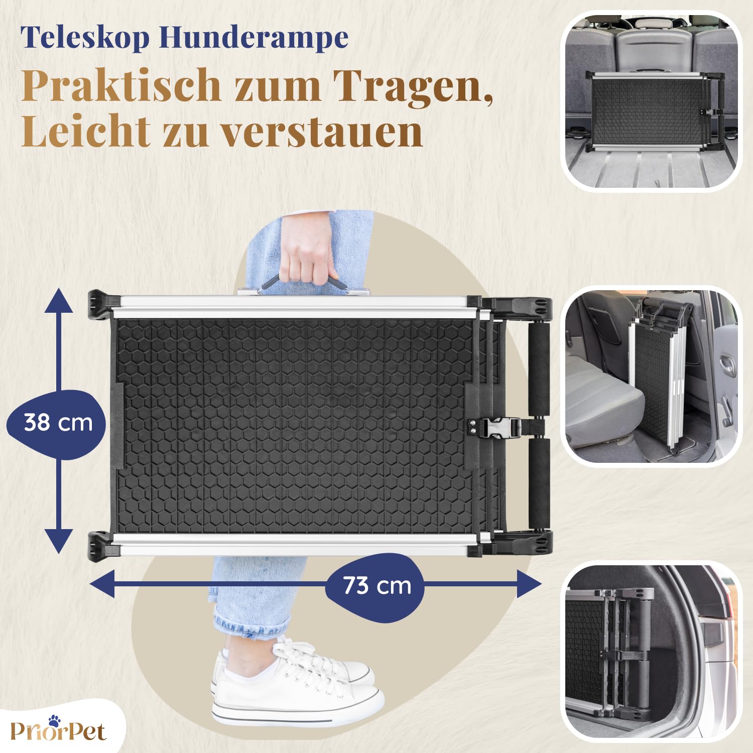 Hunderampe Auto Klappbar- Teleskop Alu Rampe für große Hunde - Stabile Hundetreppe Auto & SUV - rutschfest - Reflektierende Seiten - Hundeleiter Auto - 90kg Belastbarkeit - Befestigungsclip - Schwarz